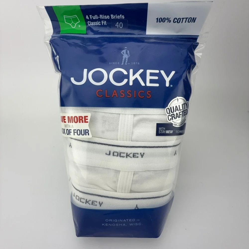 Jockey Classic Men 4 Pack Full-Rise Briefs White 100% Cotton Classic Fit Size 40